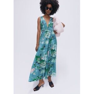 H&M Premium Floral Maxi Dress Teal Size Medium NWT Summer Boho Cottagecore